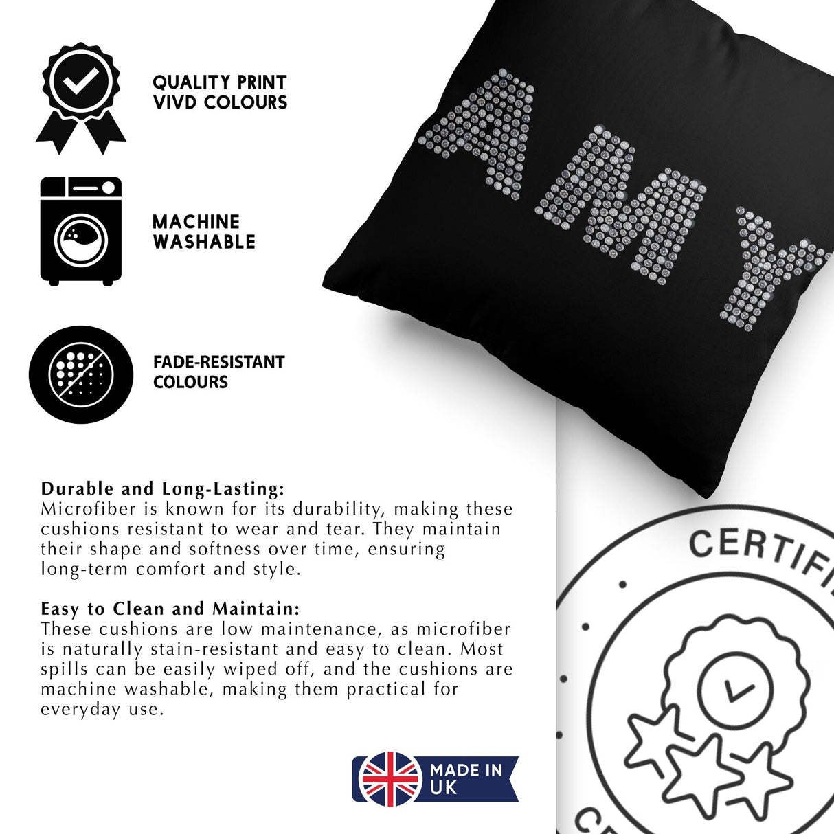 Personalised Name Diamond Gems Letters Soft Square Filled Cushion Throw Decor