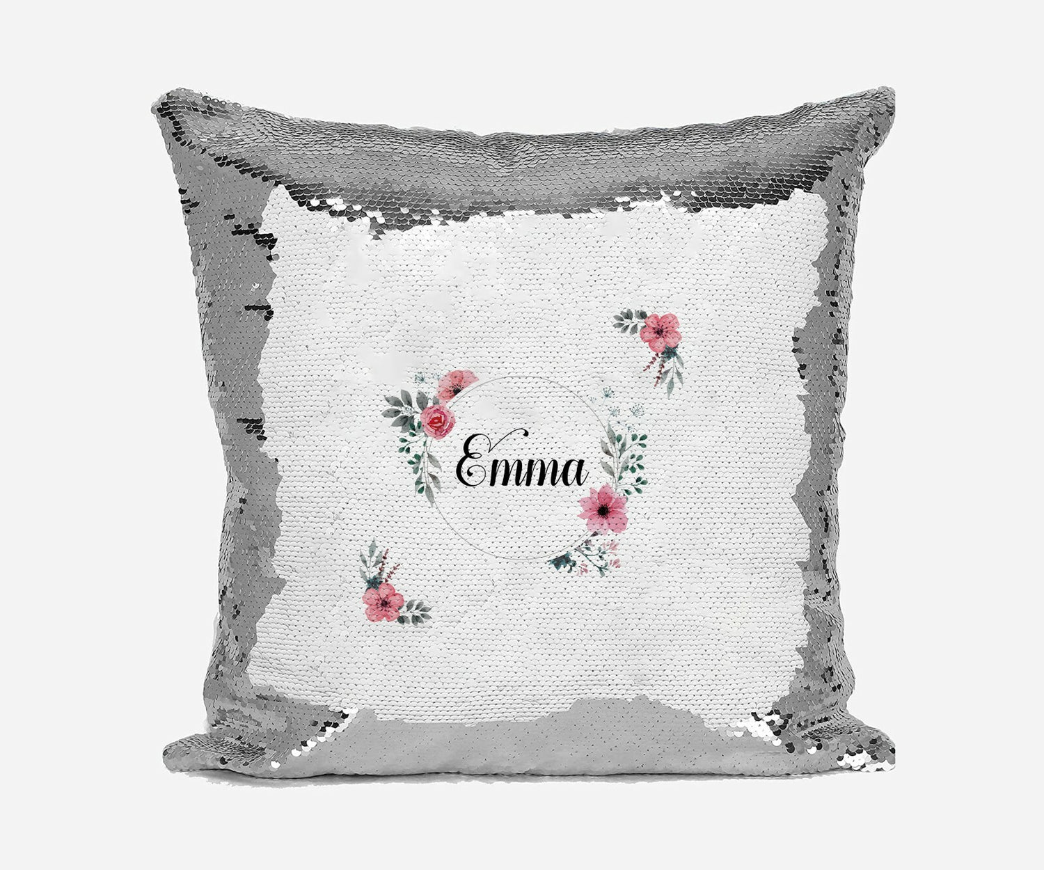 Personalised Name Shiny Sequin Magic Floral Circle Wreath Cushion Cover + Pillow
