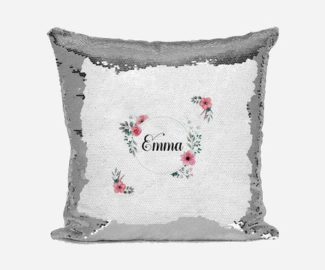 Personalised Name Shiny Sequin Magic Floral Circle Wreath Cushion Cover + Pillow