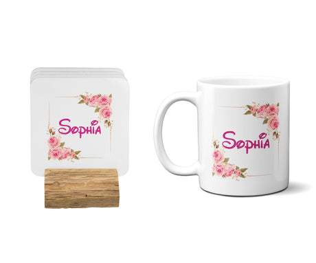 Personalised Name Floral Roses Pink Coffee Tea Mug Gift 11oz Mug + Coaster