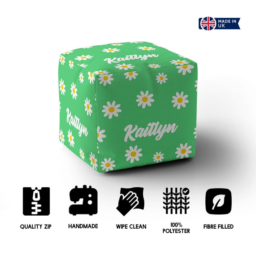 Personalised Custom Name Floral Daisies Ottoman Filled Pouffe Inc Washable Cover