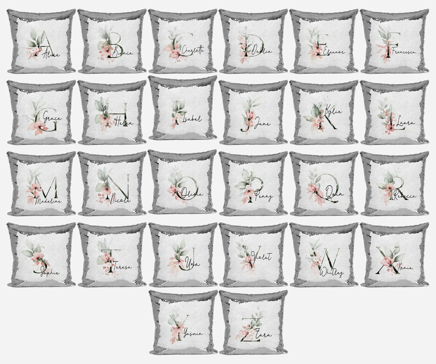 Personalised Gentle Botanical Blush Sequin Magic Cushion Cover + Pillow Kids