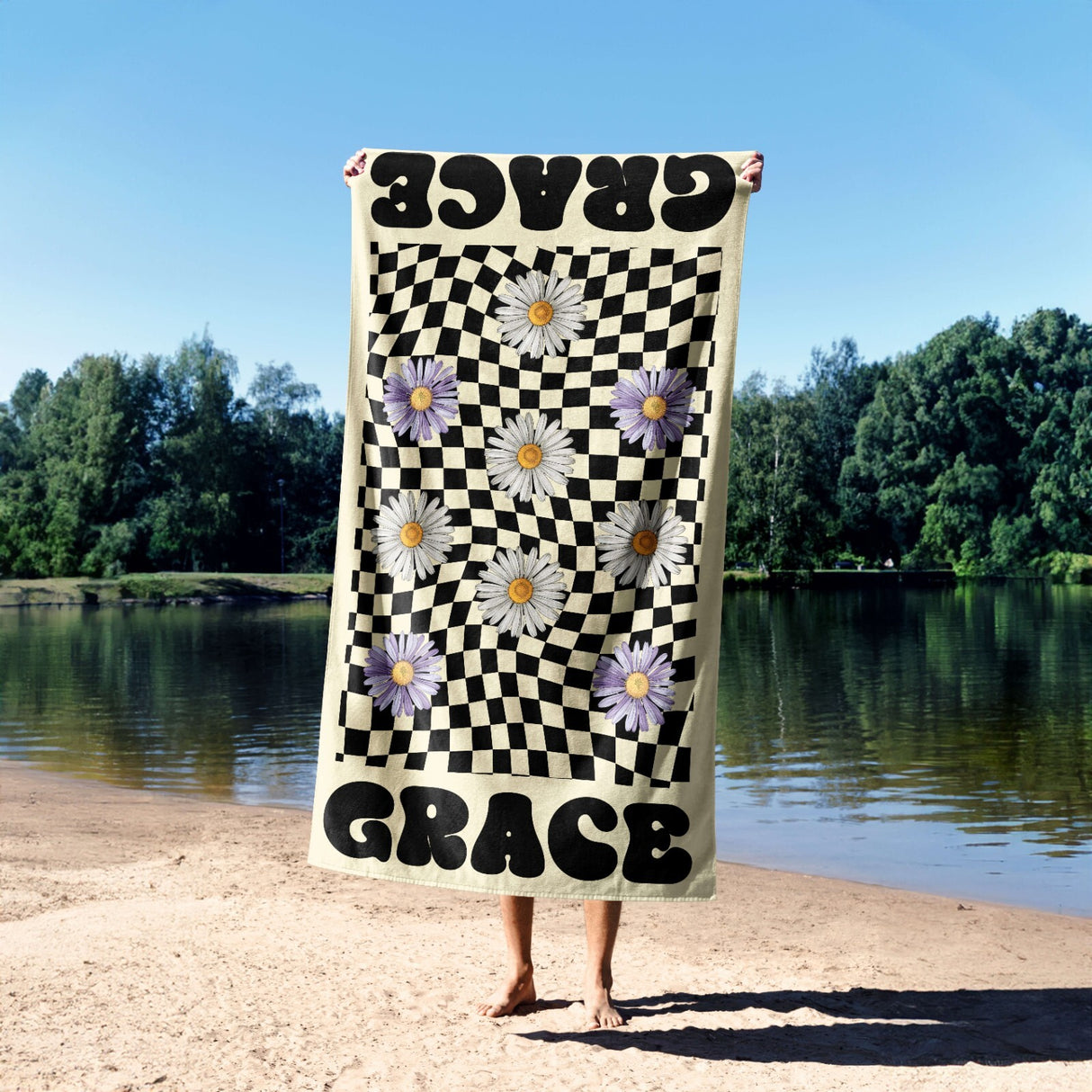 Personalised Custom Name Retro Daisy Check Soft Absorbent Beach Bath Sheet Towel