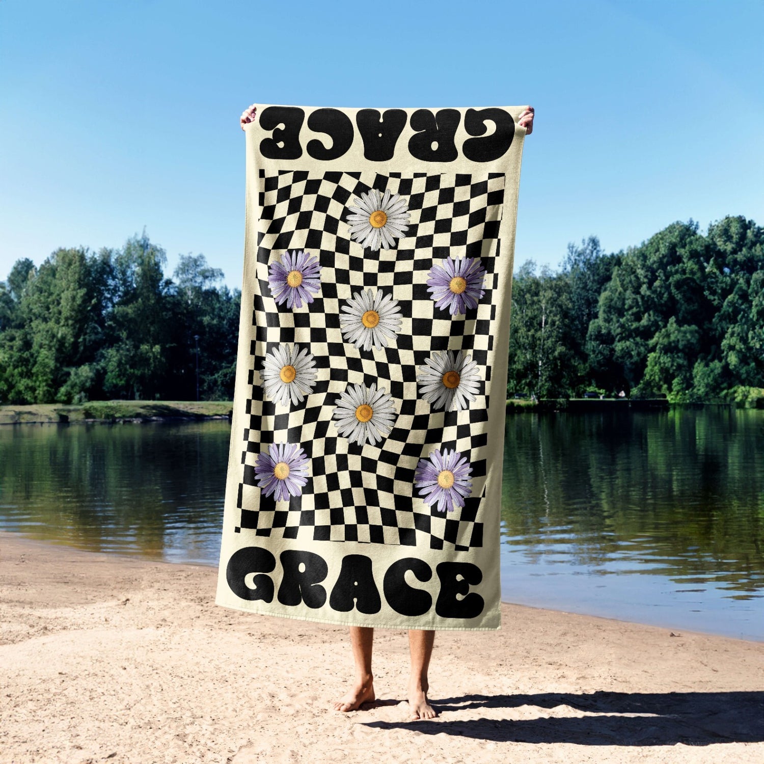 Personalised Custom Name Retro Daisy Check Soft Absorbent Beach Bath Sheet Towel