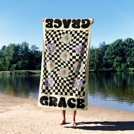 Personalised Custom Name Retro Daisy Check Soft Absorbent Beach Bath Sheet Towel