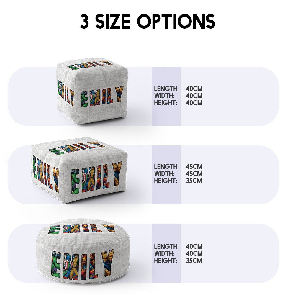Personalised Superhero Name Kids Novelty Ottoman Fill Pouffe Inc Washable Cover