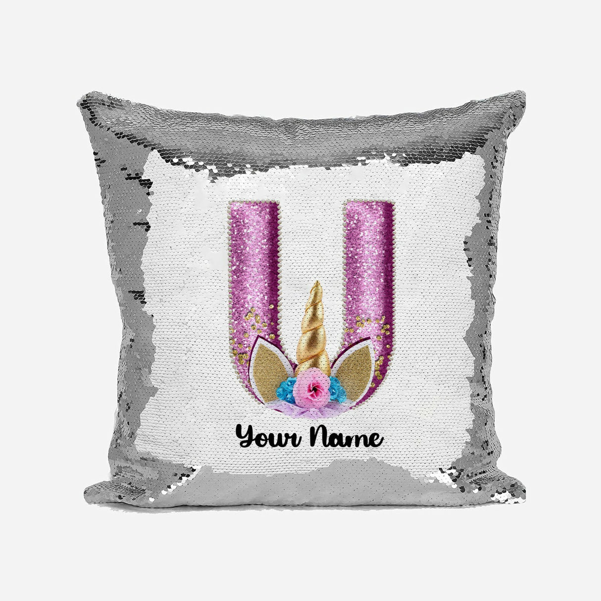 Personalised Unicorn Sparkly Monogram Alphabet Sequin Magic Cushion Cover+Pillow
