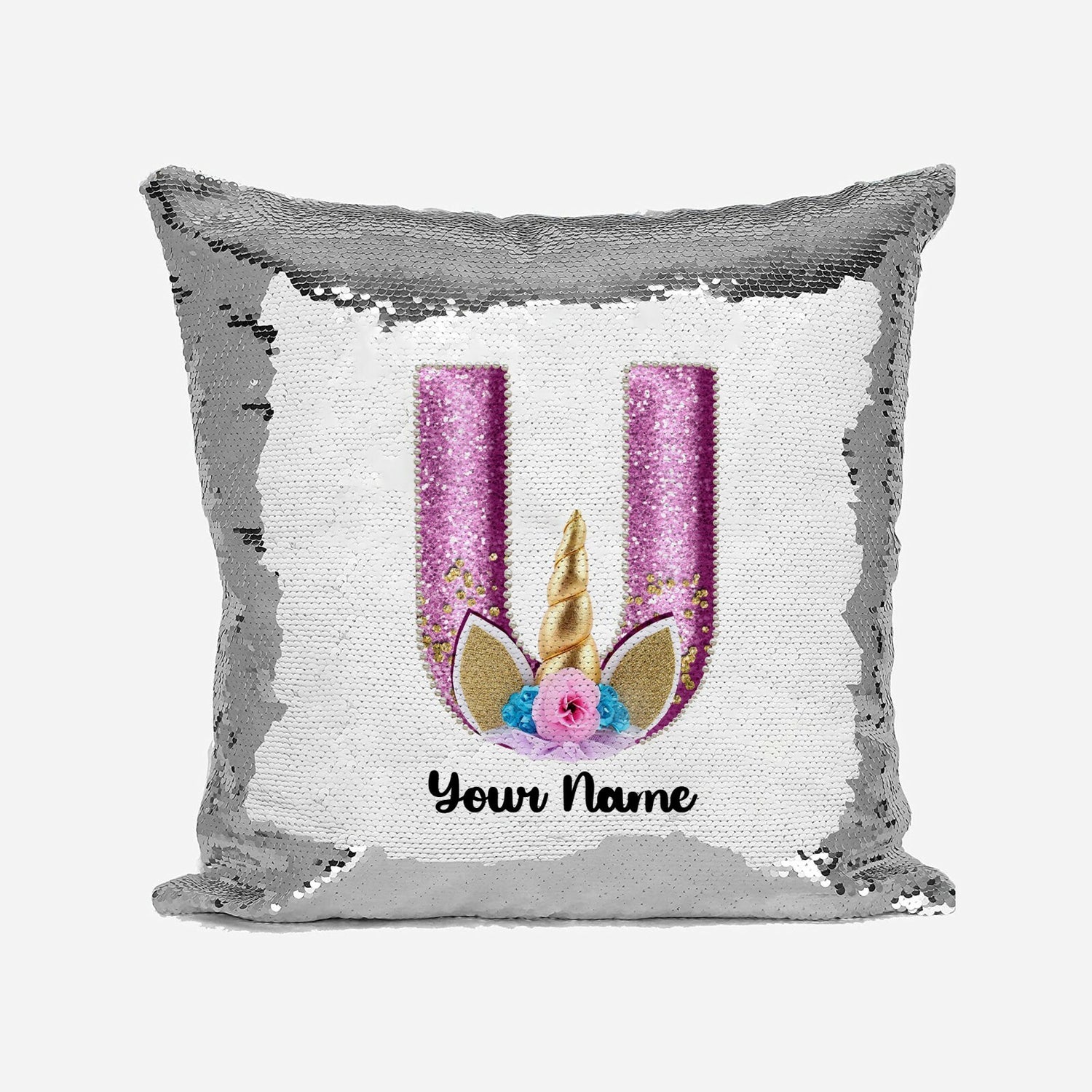 Personalised Unicorn Sparkly Monogram Alphabet Sequin Magic Cushion Cover+Pillow