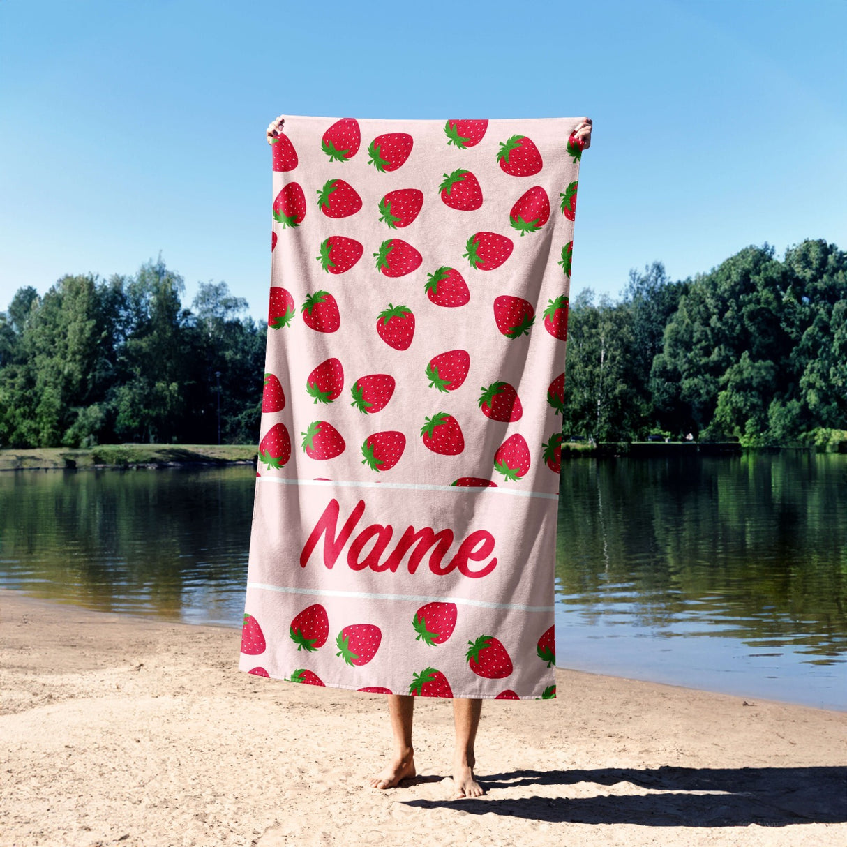 Custom Colour + Name Strawberries Fruits Print Absorbent Beach Bath Sheet Towel