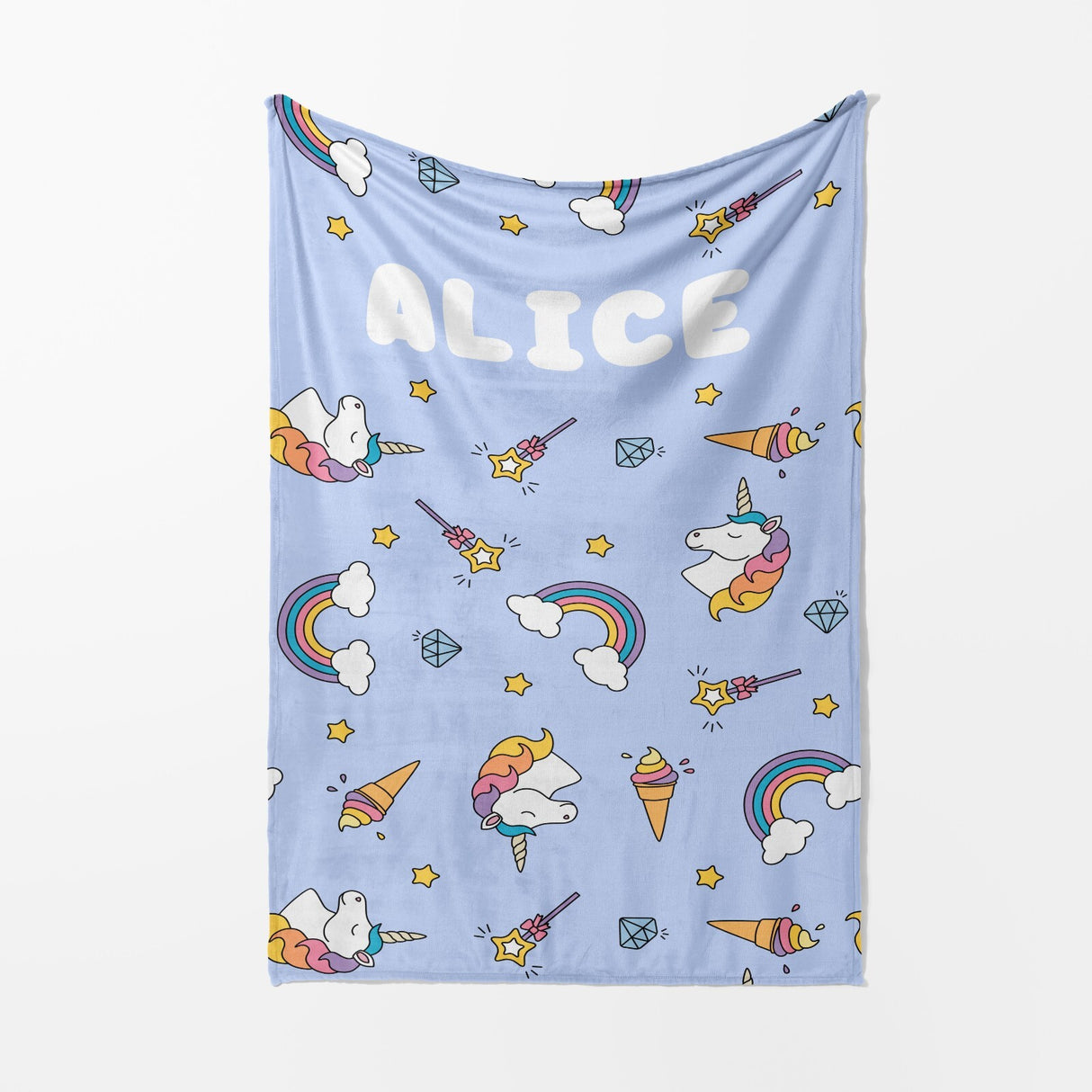 Personalised Custom Name Colour Unicorn Ice Cream Soft Warm Fleece Blanket Decor
