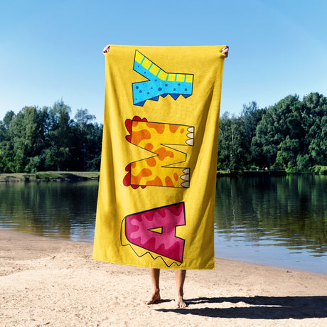 Personalised Any Name Dinosaur Alphabet Colour Absorbent Beach Bath Sheet Towel