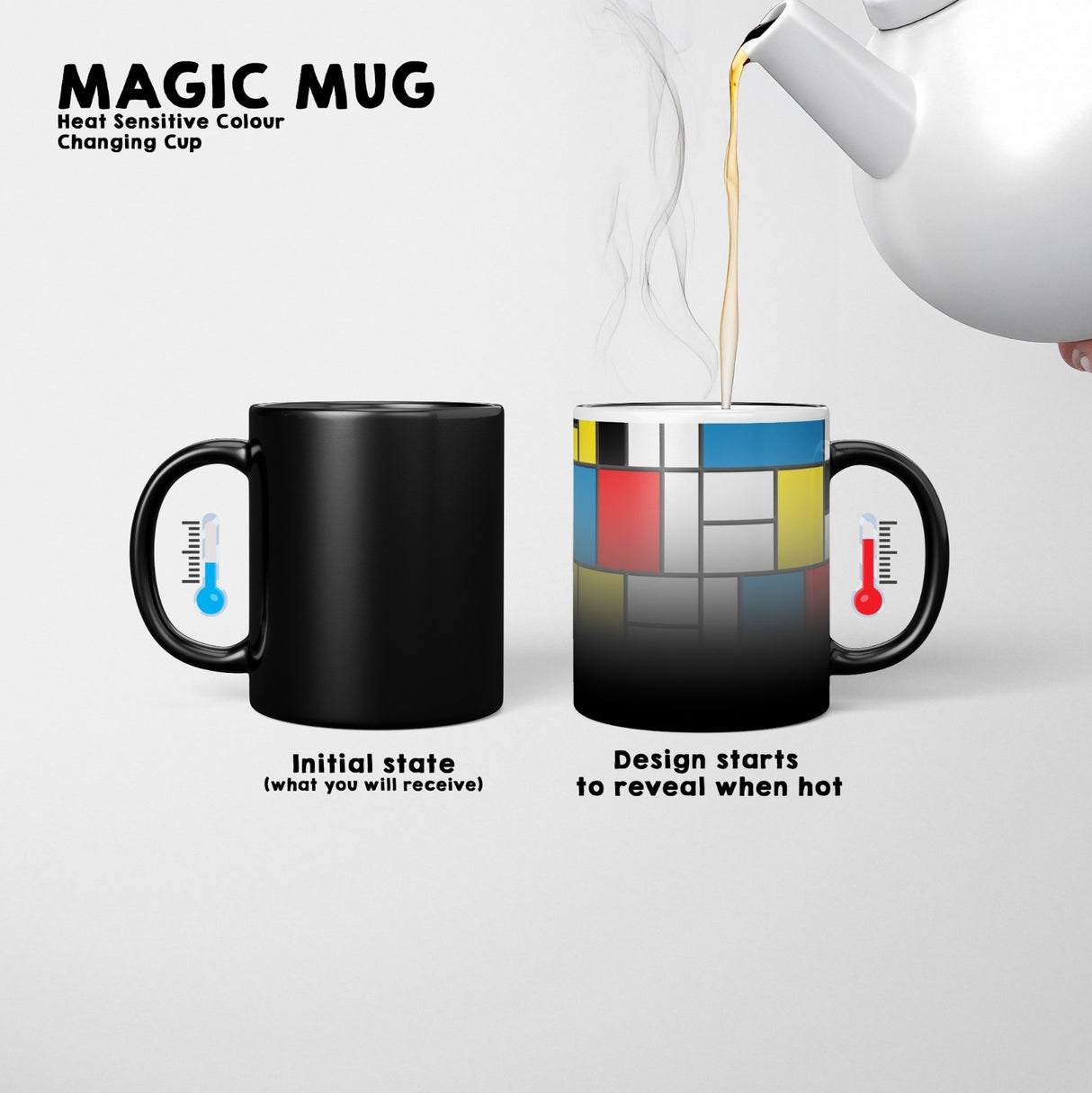 Piet Mondrian Design Heat Sensitive Magic Colour Changing Mug Novelty Drink Cup