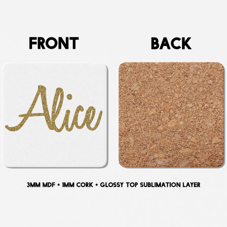 Personalised Name Gold Glitter Font Novelty Coffee Tea Mug Coaster Gift Him Her