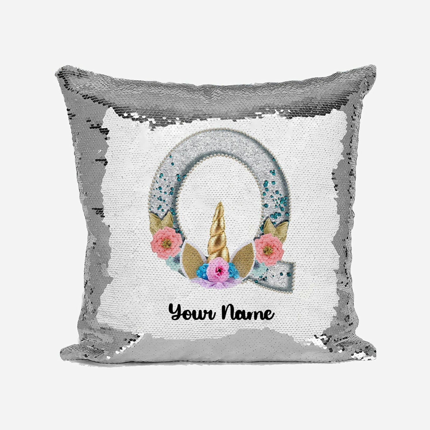Personalised Unicorn Sparkly Monogram Alphabet Sequin Magic Cushion Cover+Pillow