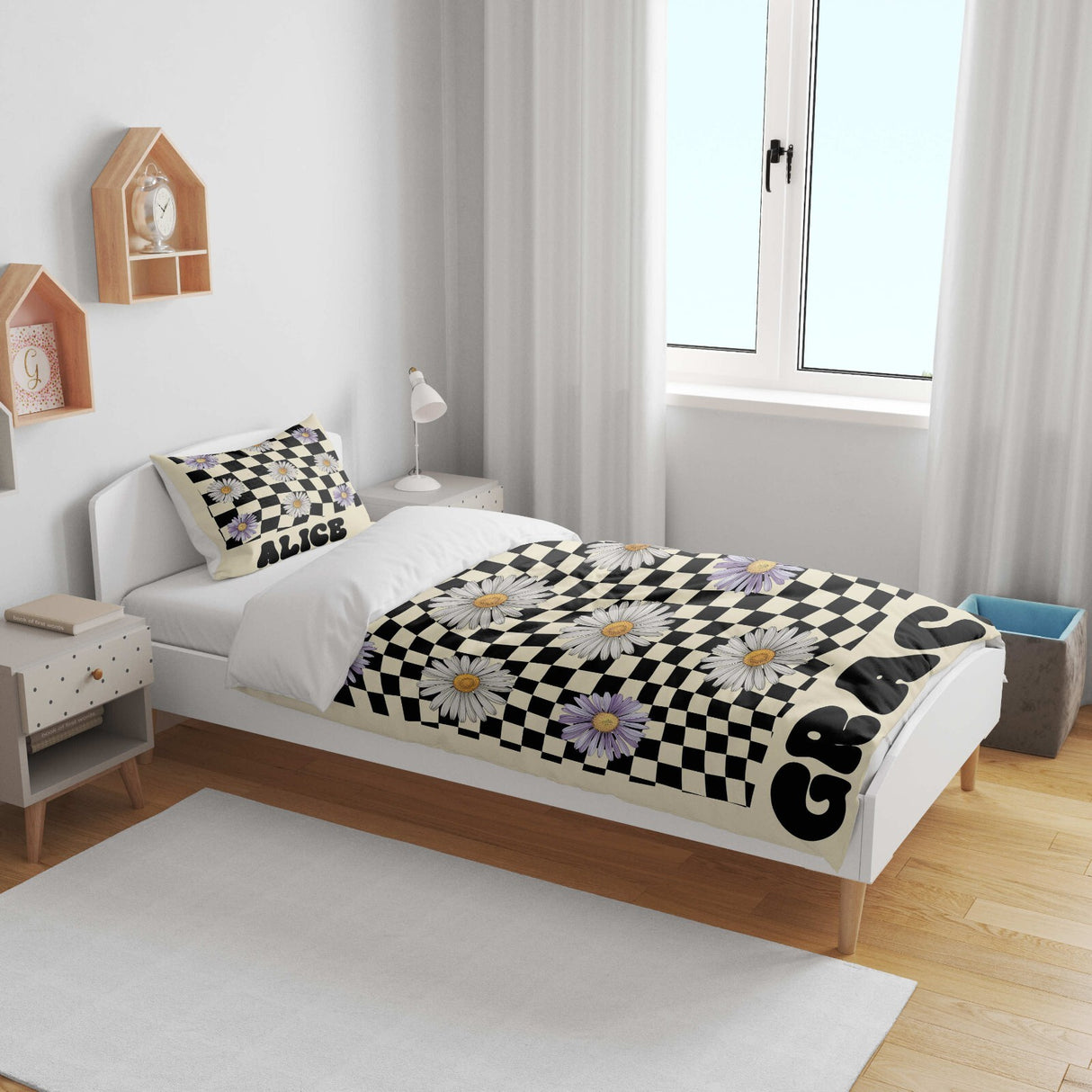 Personalised Custom Name Retro Daisy Check Kids Cot Bed Duvet Cover + Pillowcase