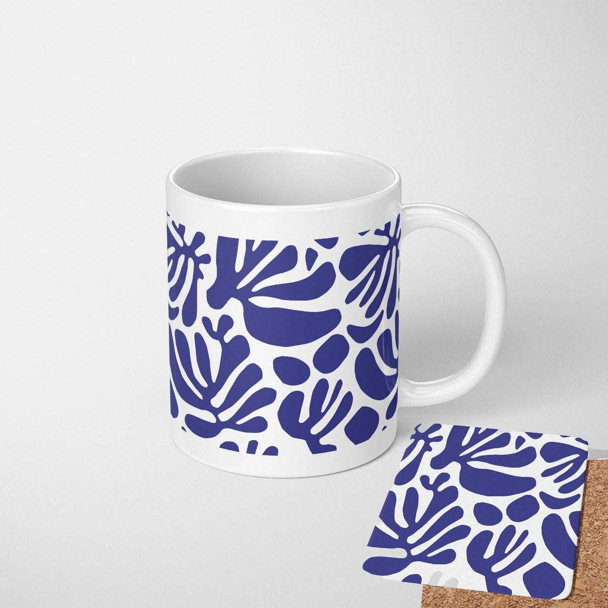 Blue Matisse Leaves Art Coffee Custom Tea Mug Coaster Set Option Gift Him Her