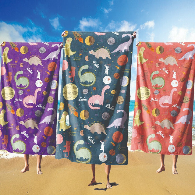 Personalised Custom Name Cartoon Baby Dinosaurs Absorbent Beach Bath Sheet Towel