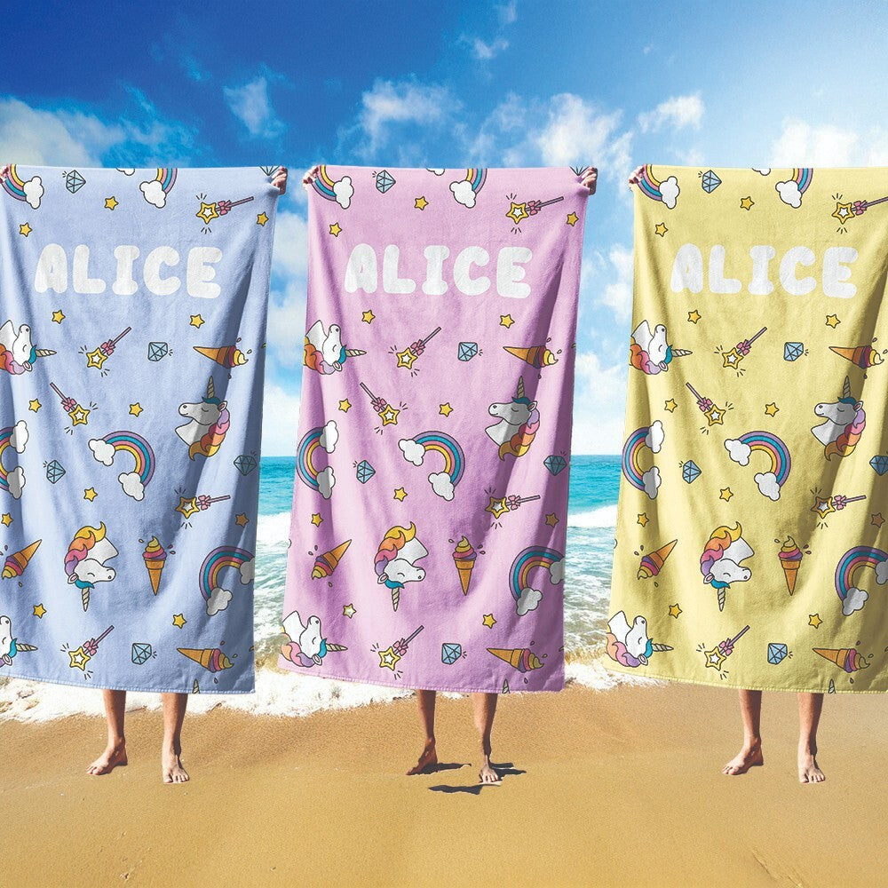 Personalised Custom Name Unicorn Ice Cream Soft Absorbent Beach Bath Sheet Towel