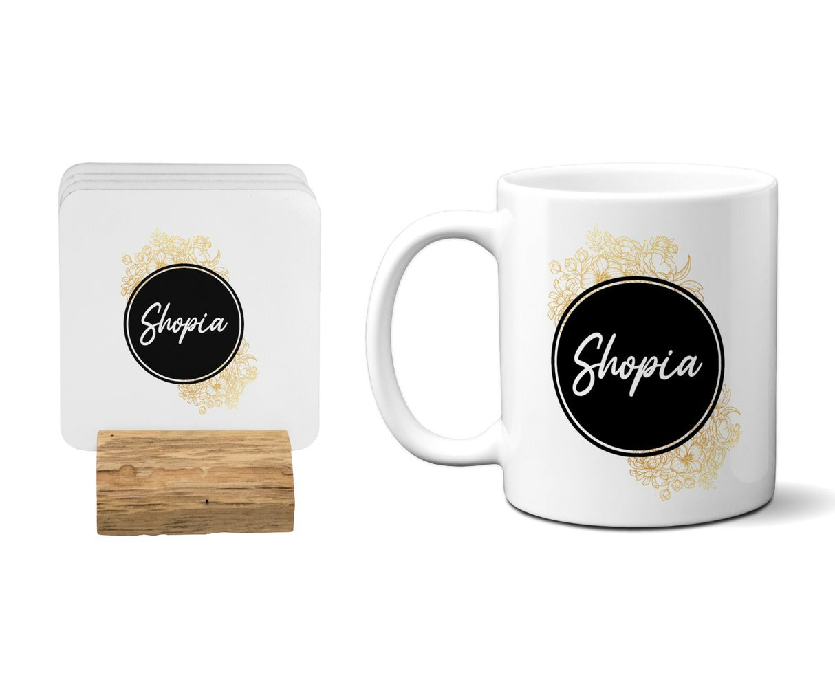 Black Circle Gold Floral Personalisable Name 11oz Mug And Coaster Set Option