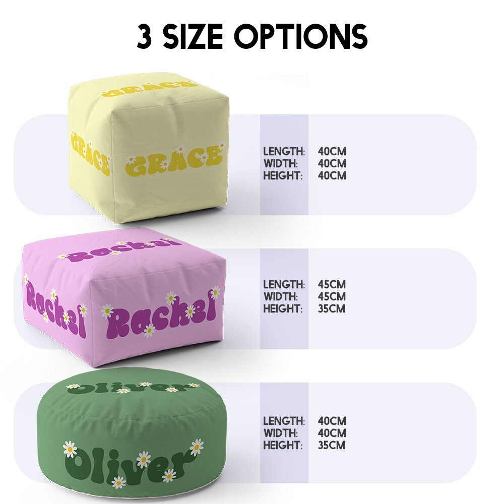 Personalised Custom Name Groovy Daisy Font Ottoman Filled Pouffe Washable Cover