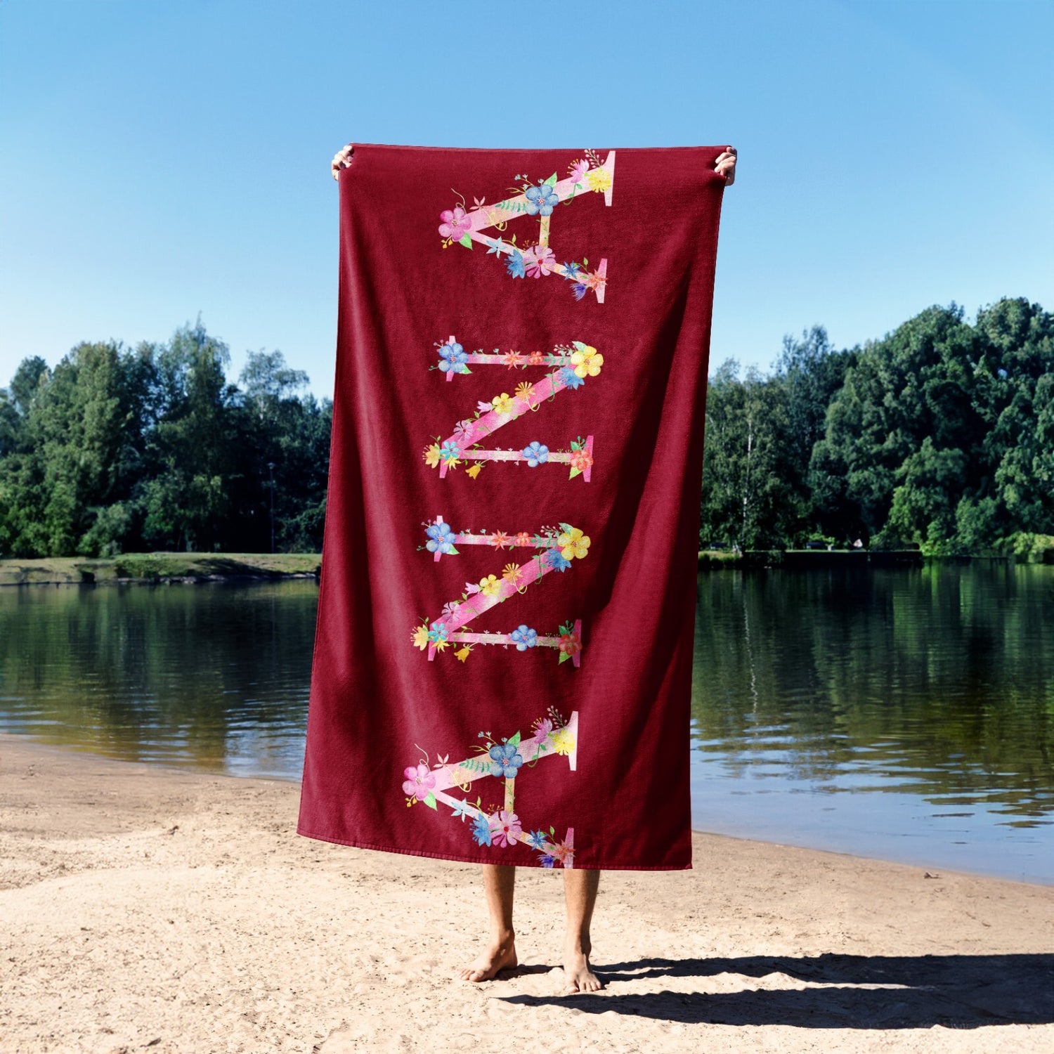 Personalised Pink Floral Alphabet Custom Colour Absorbent Beach Bath Sheet Towel