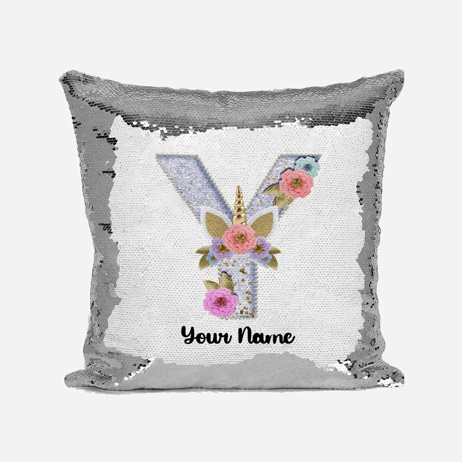 Personalised Unicorn Sparkly Monogram Alphabet Sequin Magic Cushion Cover+Pillow