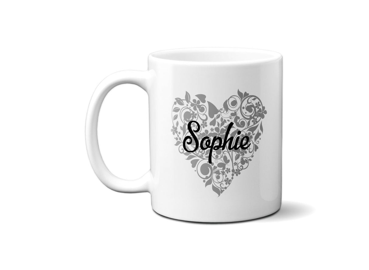 Personalised Name Floral Heart Coffee Tea Mug Gift 11oz Mug + Coaster
