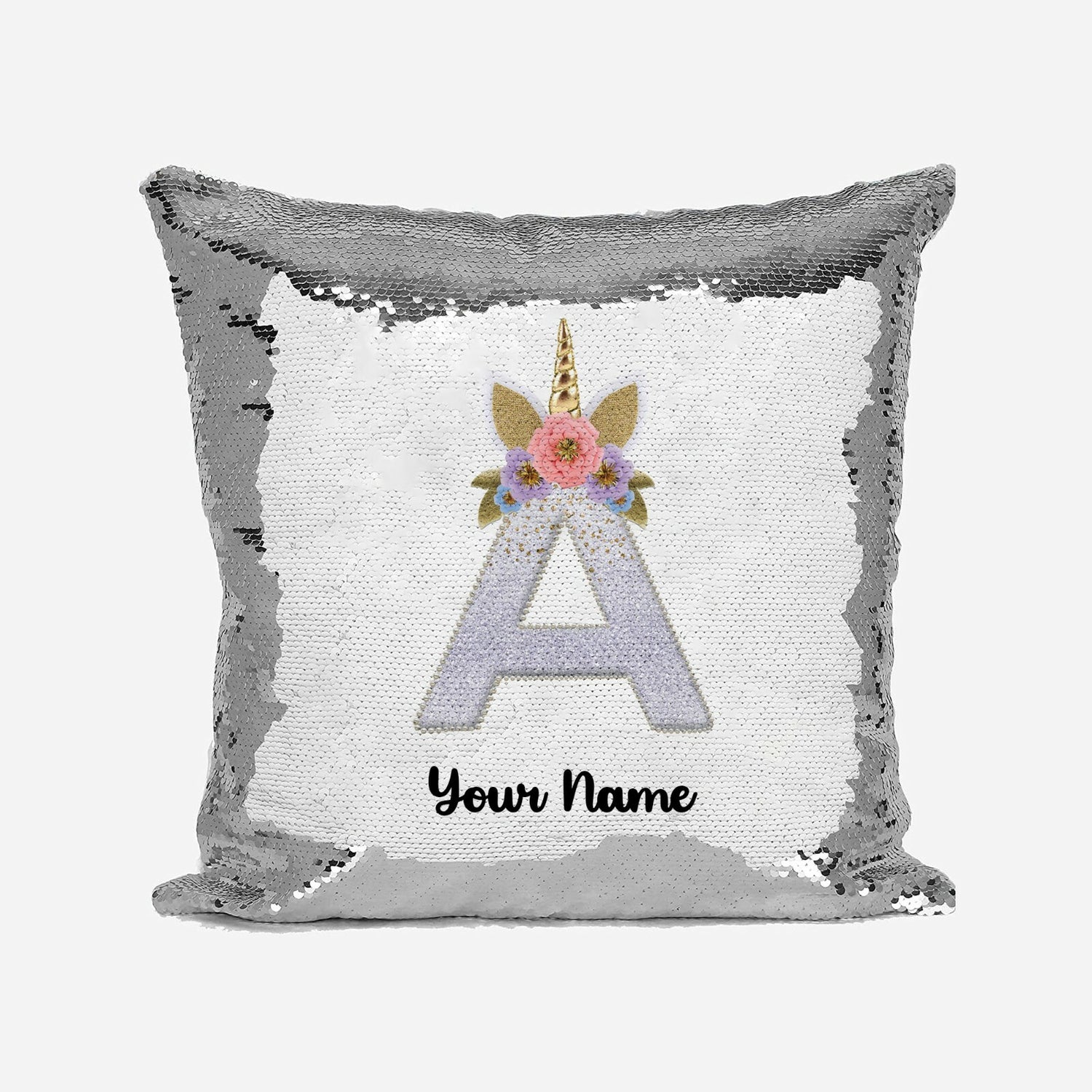Personalised Unicorn Sparkly Monogram Alphabet Sequin Magic Cushion Cover+Pillow