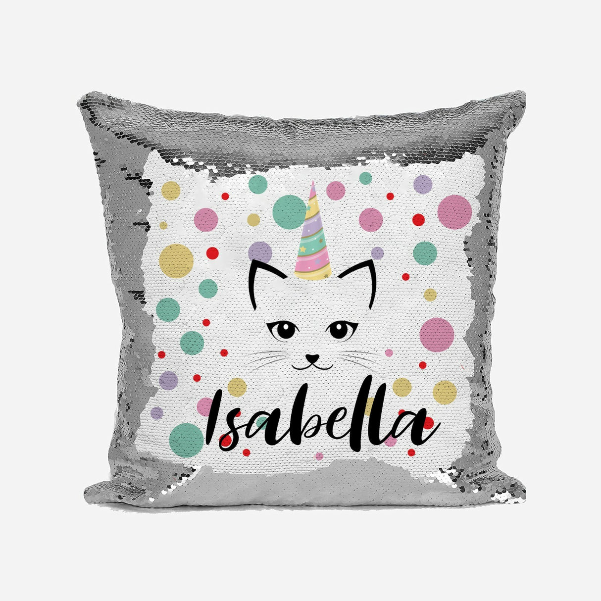 Personalised Name Shiny Sequin Magic Unicorn Kitten Cushion Cover + Pillow Kids