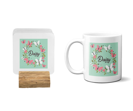 Personalised Name Butterfly Floral Wreath Coffee Tea Mug Gift 11oz Mug + Coaster