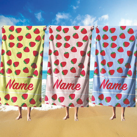 Custom Colour + Name Strawberries Fruits Print Absorbent Beach Bath Sheet Towel