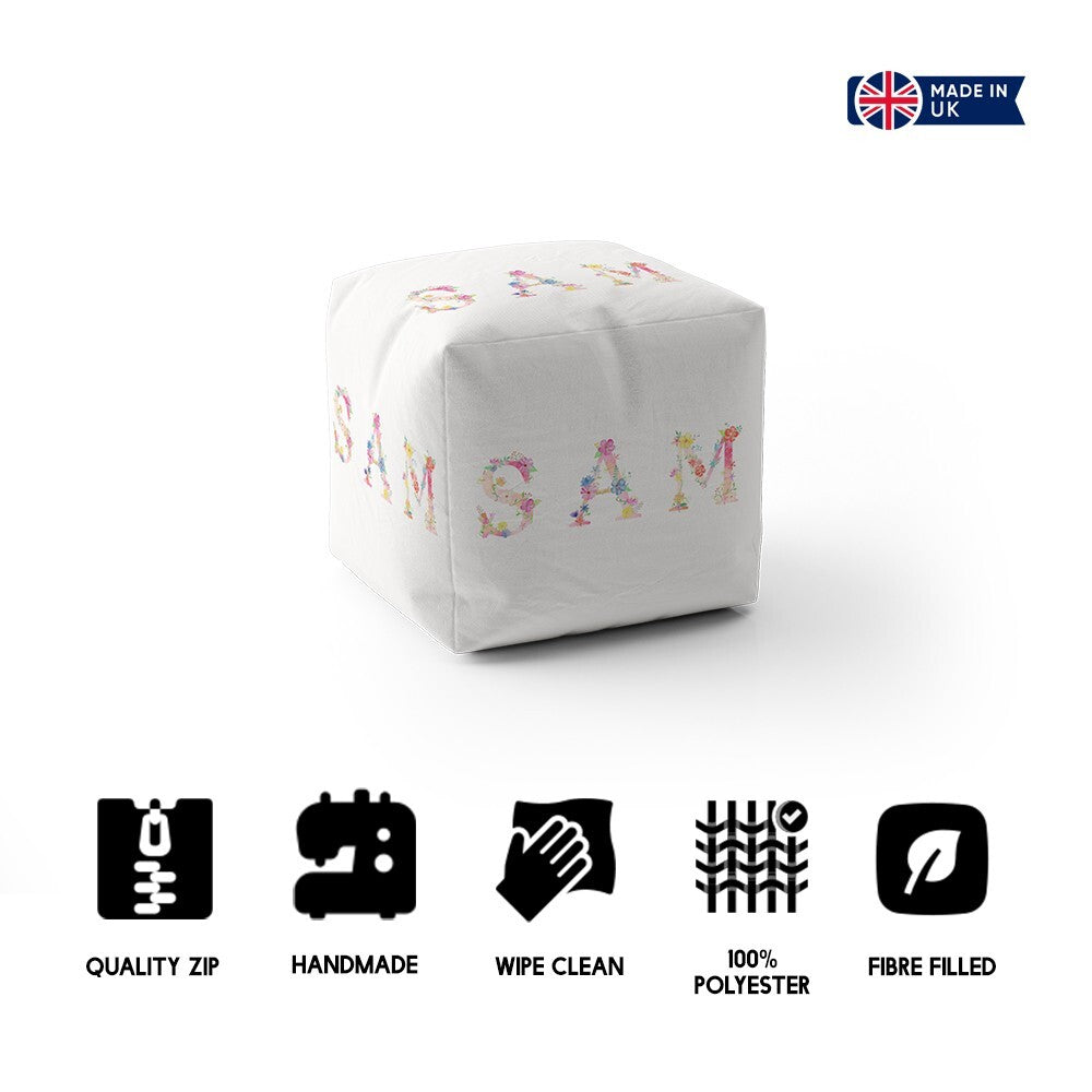 Personalised Pink Floral Alphabet Kids Font Ottoman Filled Pouffe Washable Cover