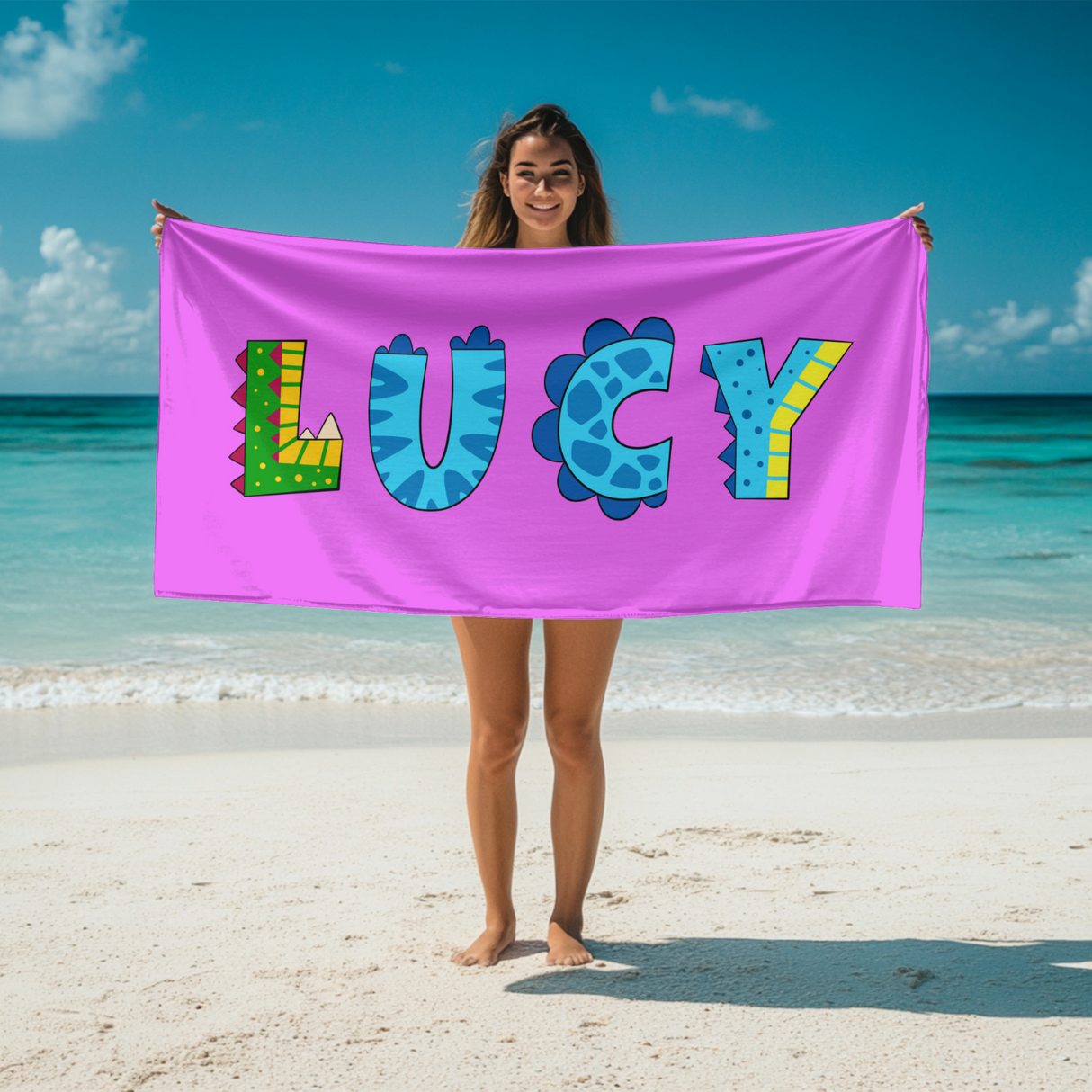Personalised Any Name Dinosaur Alphabet Colour Absorbent Beach Bath Sheet Towel