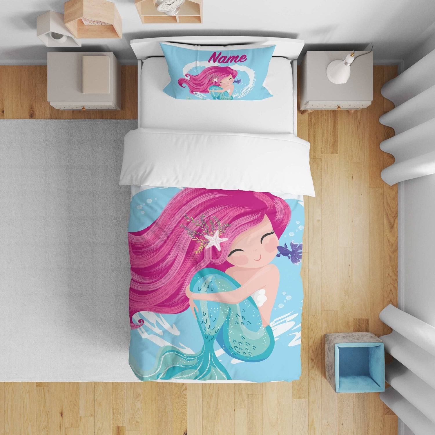 Personalised Custom Name Mythical Mermaid Kids Cot Bed Duvet Cover + Pillowcase