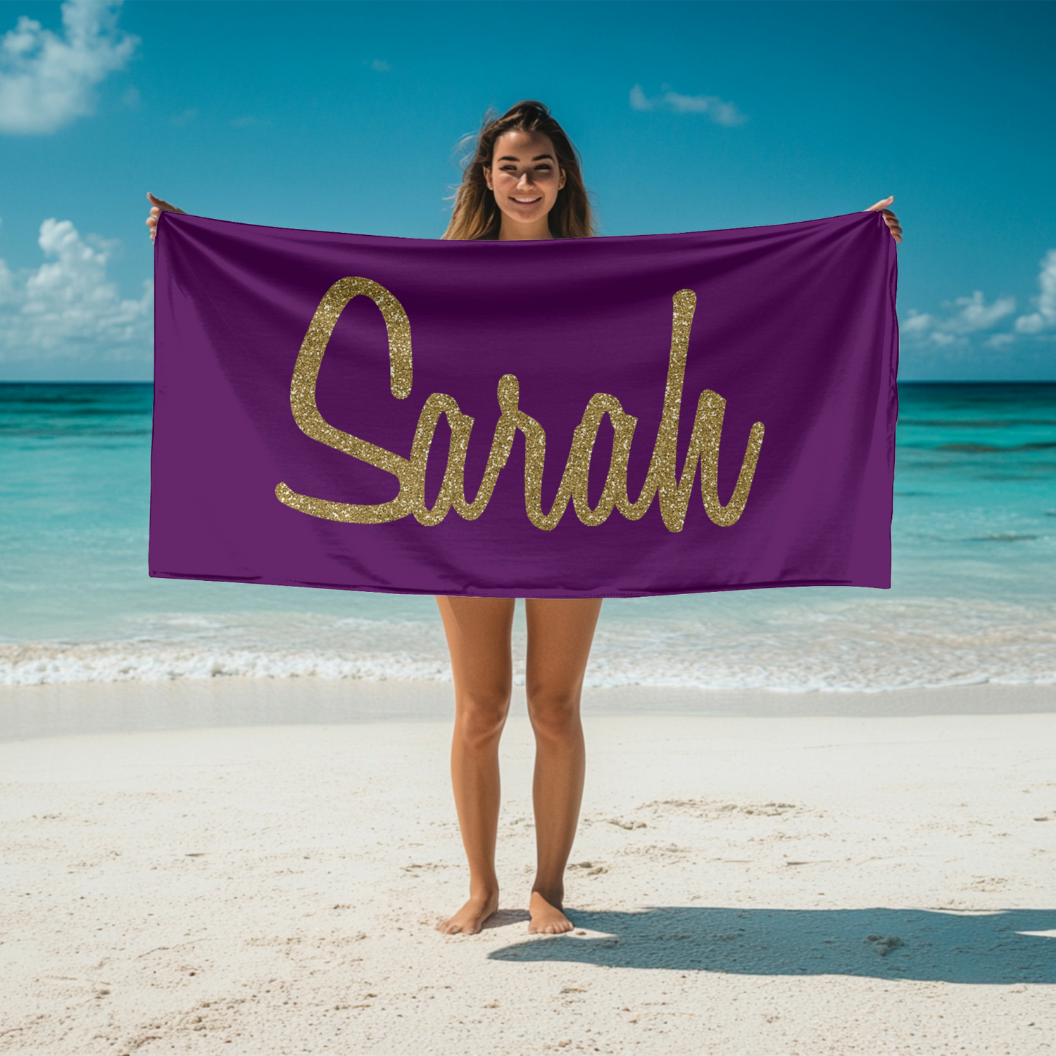 Personalised Name Gold Glitter Custom Colour Absorbent Beach Bath Sheet Towel