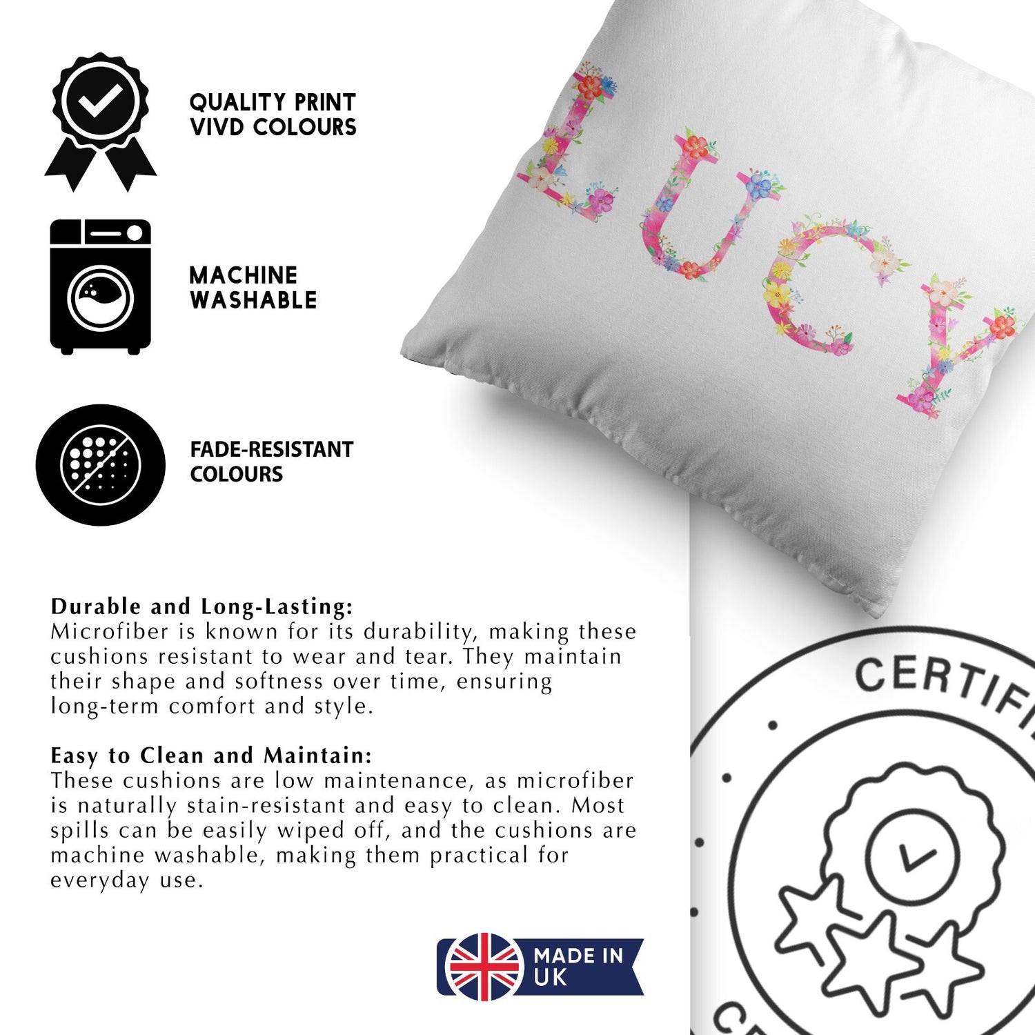 Personalised Pink Floral Alphabet Print Soft Square Filled Cushion Throw Decor