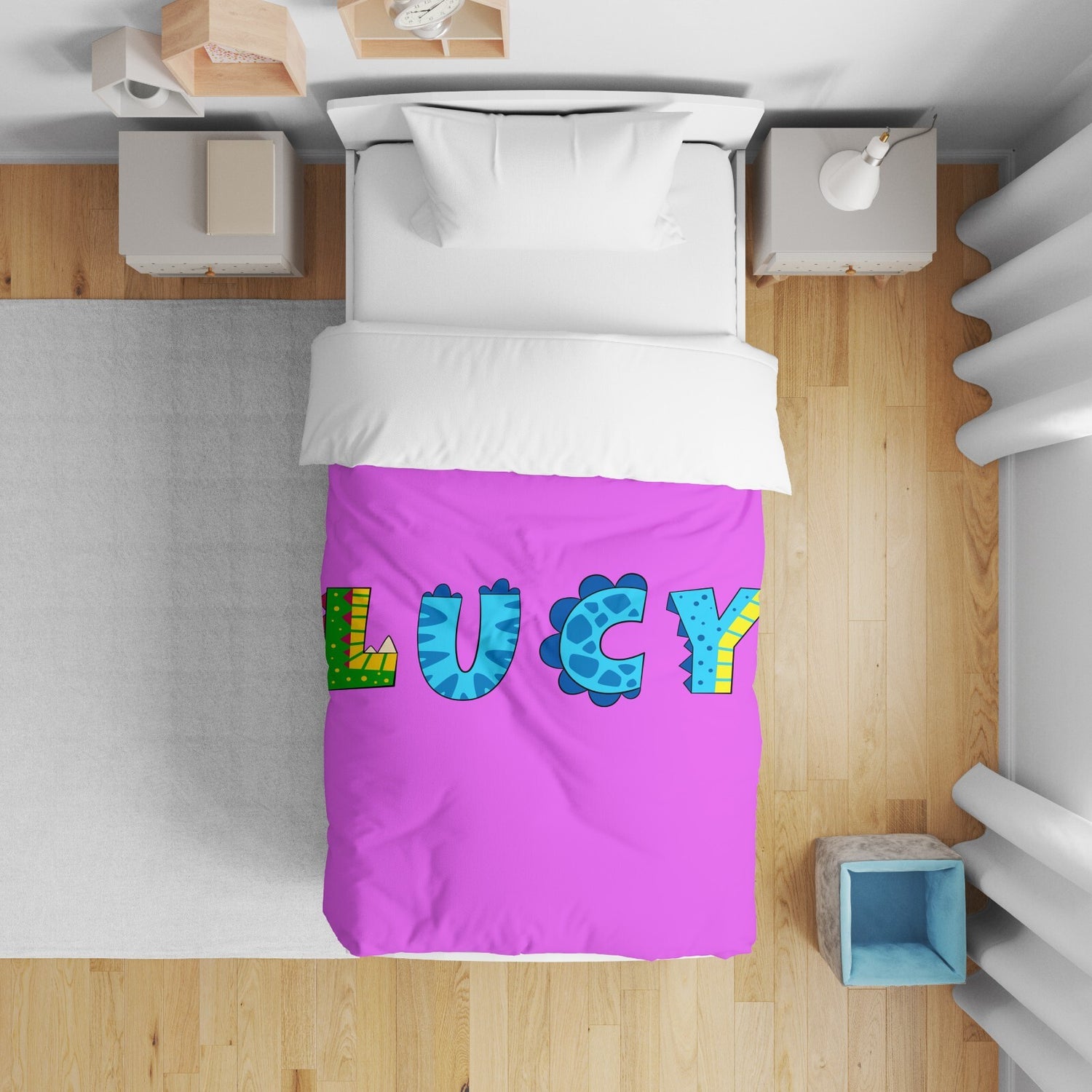 Personalised Name Dinosaur Alphabet Font Kids Cot Bed Duvet Cover + Pillowcase