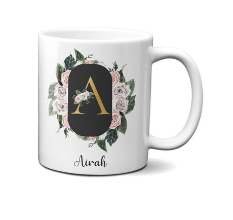 Personalised Floral Frame Gold Floral Name Initial Letter Mug Gift 11oz Ceramic