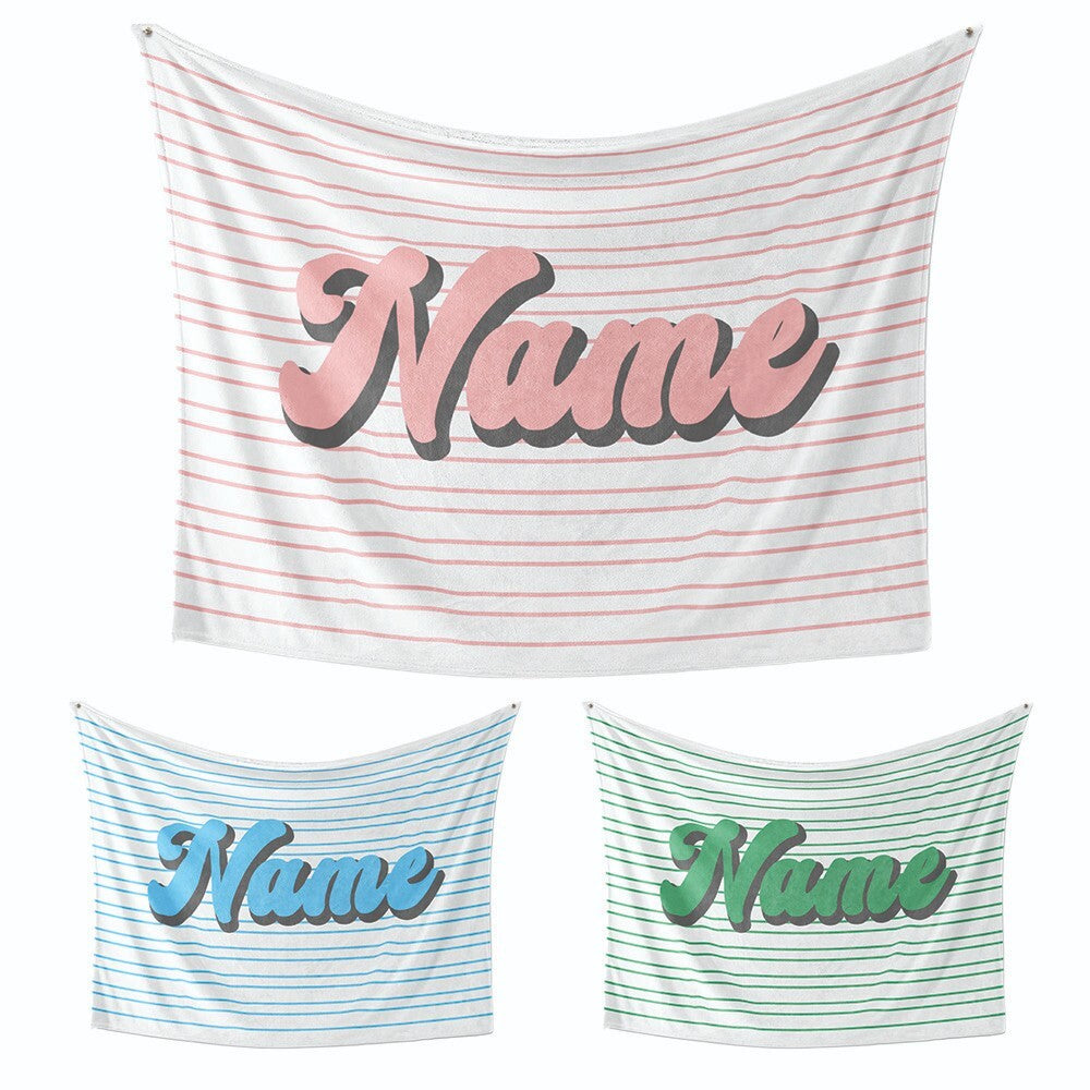 Personalised Custom Name Colour Stripe Retro Font Soft Warm Fleece Blanket Decor