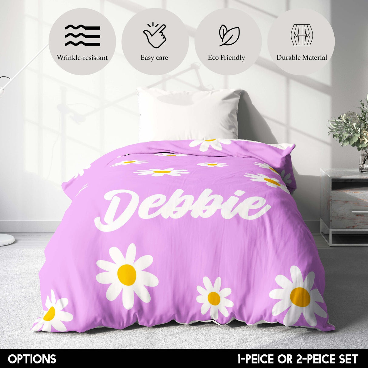Personalised Custom Name Colour Floral Daisy Single Bed Duvet Cover + Pillowcase