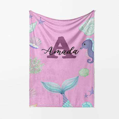 Personalised Name Colour Mermaid Tail Monogram Kids Soft Fleece Blanket Decor