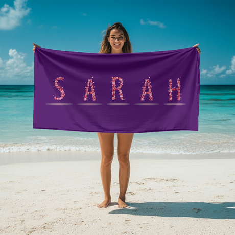 Personalised Any Name Pink Rose Petals Coloured Absorbent Beach Bath Sheet Towel