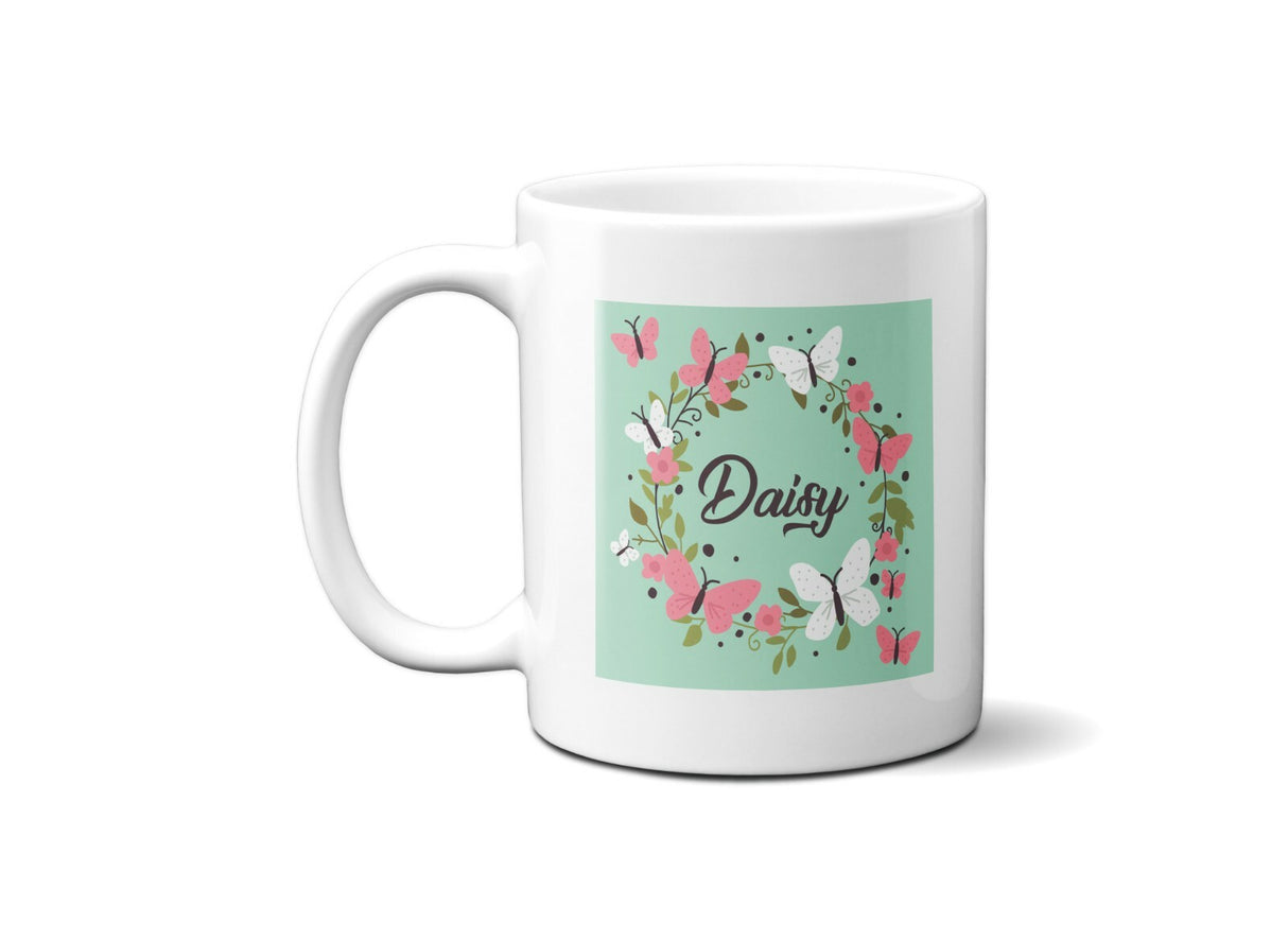 Personalised Name Butterfly Floral Wreath Coffee Tea Mug Gift 11oz Mug + Coaster