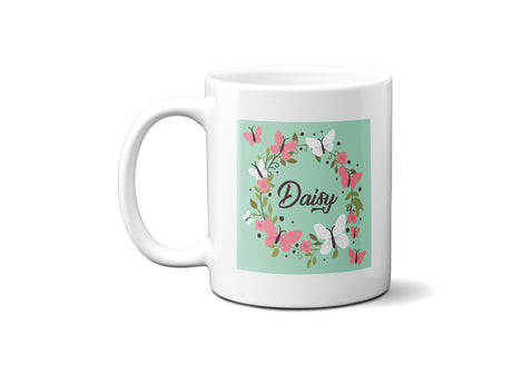Personalised Name Butterfly Floral Wreath Coffee Tea Mug Gift 11oz Mug + Coaster