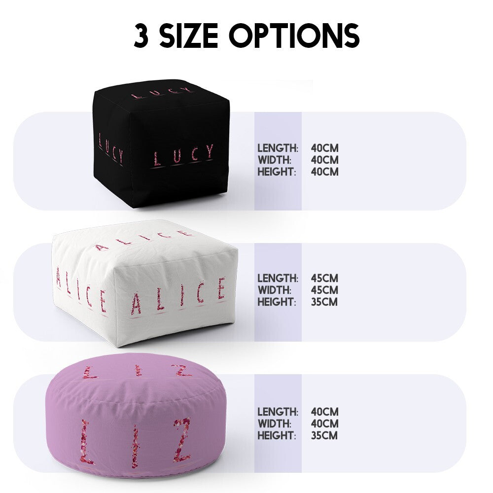 Personalised Any Name Pink Rose Petals Ottoman Filled Pouffe Inc Washable Cover
