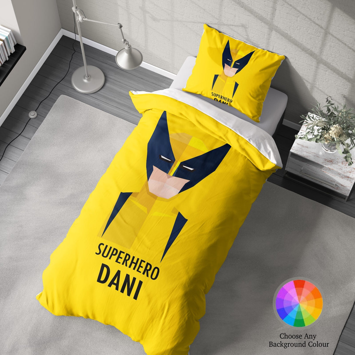 Superhero Personalised Name Custom Colour Single Bed Duvet Cover Pillowcase Set