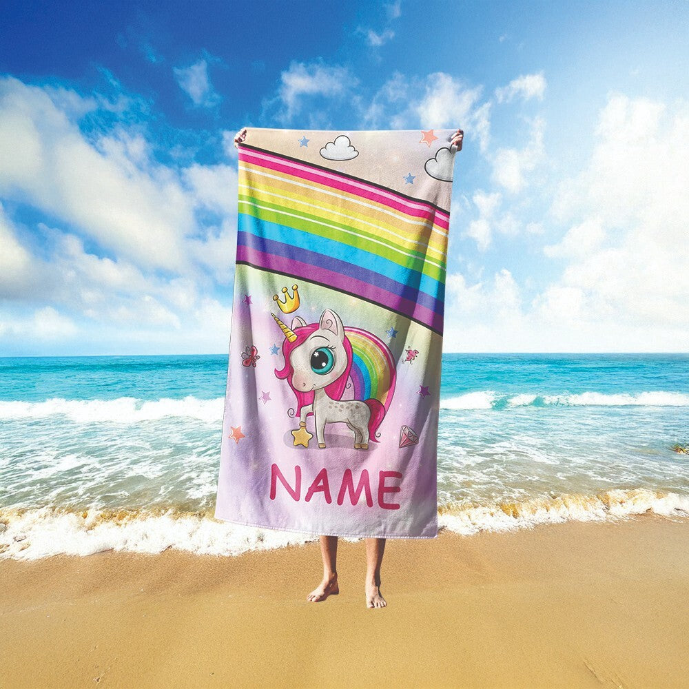 Personalised Name Unicorn Rainbow Fantasy Soft Absorbent Beach Bath Sheet Towel