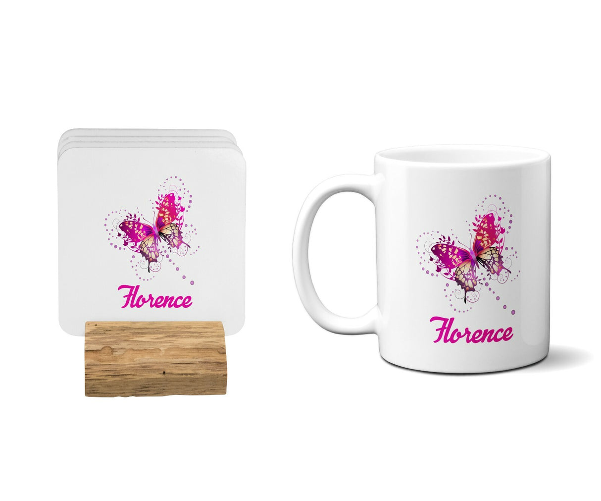 Personalised Name Pink Butterfly Coffee Tea Mug Gift 11oz Mug + Coaster
