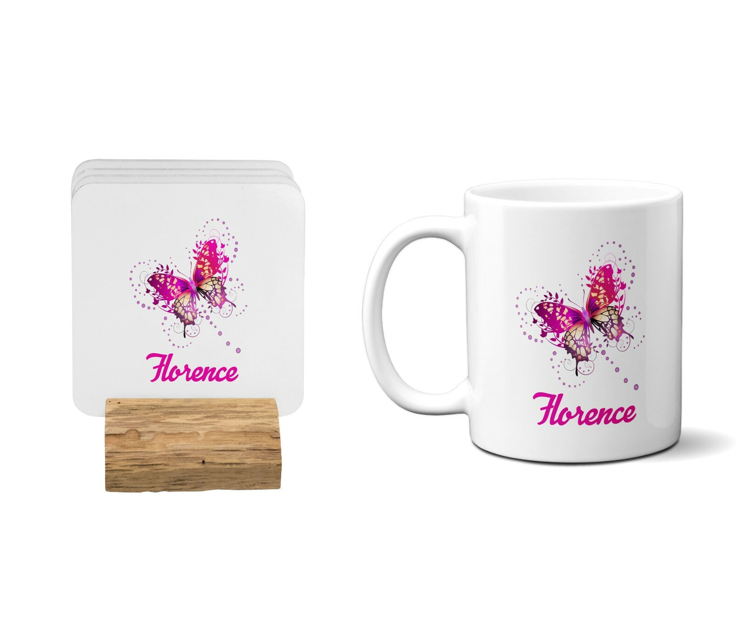 Personalised Name Pink Butterfly Coffee Tea Mug Gift 11oz Mug + Coaster