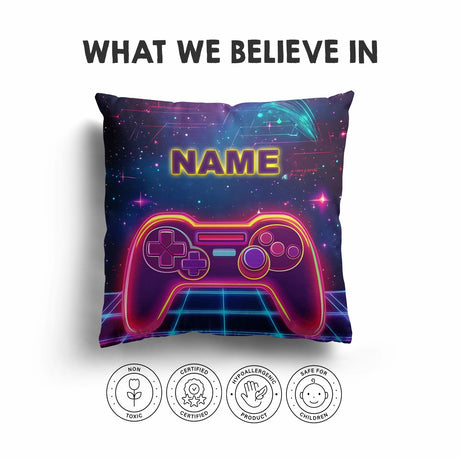 Personalised Name Gamer Gaming Controller Kids Square Fill Zipped Cushion Throw